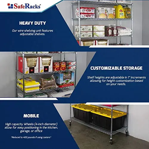 SafeRacks NSF Certified Storage Shelves, Heavy Duty Steel Wire Shelving Unit with Wheels and Adjustable Feet, Used as Pantry Shelf, Garage or Bakers Rack Kitchen Shelving - (18"x48"x72" 6-Tier) - 💙 Blu Rose's Garden LLC 💙