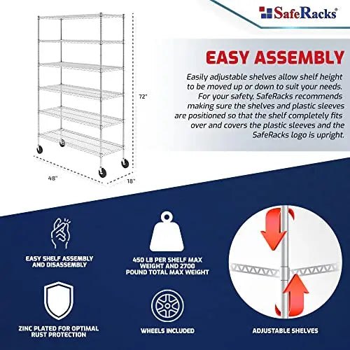 SafeRacks NSF Certified Storage Shelves, Heavy Duty Steel Wire Shelving Unit with Wheels and Adjustable Feet, Used as Pantry Shelf, Garage or Bakers Rack Kitchen Shelving - (18"x48"x72" 6-Tier) - 💙 Blu Rose's Garden LLC 💙