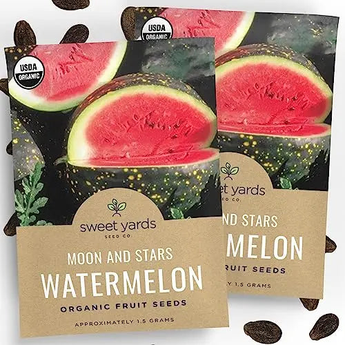 Sweet Yards Seed Co. Organic Watermelon Seeds ‘Moon and Stars’ – Two Seed Packets! – Approx. 20 Open Pollinated Heirloom Non-GMO Seeds - 💙 Blu Rose's Garden LLC 💙