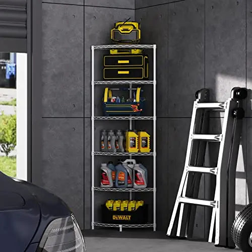 pouseayar 6 Tier NSF Metal Corner Shelf Wire Shelving Unit, 420lbs Capacity, Adjustable, with Leveling Feet and Waterproof Shelf Liners for Garage, Kitchen, and More - 72" H x 18" L x 18" D, White - 💙 Blu Rose's Garden LLC 💙