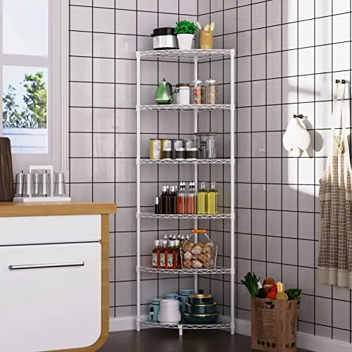 pouseayar 6 Tier NSF Metal Corner Shelf Wire Shelving Unit, 420lbs Capacity, Adjustable, with Leveling Feet and Waterproof Shelf Liners for Garage, Kitchen, and More - 72" H x 18" L x 18" D, White - 💙 Blu Rose's Garden LLC 💙