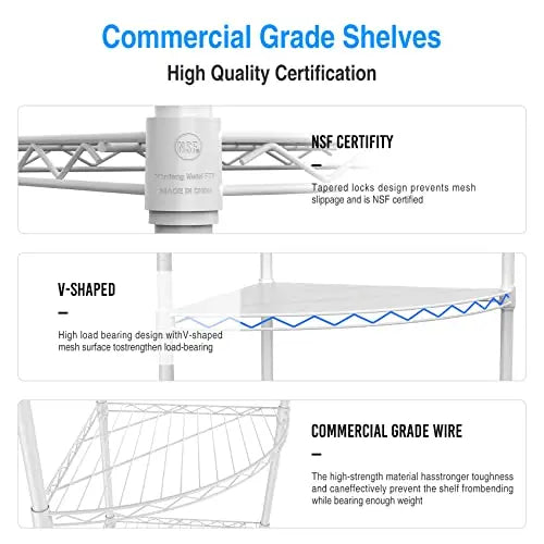 pouseayar 6 Tier NSF Metal Corner Shelf Wire Shelving Unit, 420lbs Capacity, Adjustable, with Leveling Feet and Waterproof Shelf Liners for Garage, Kitchen, and More - 72" H x 18" L x 18" D, White - 💙 Blu Rose's Garden LLC 💙
