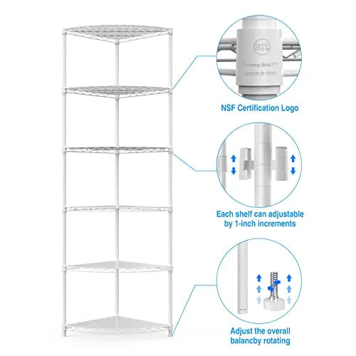 pouseayar 6 Tier NSF Metal Corner Shelf Wire Shelving Unit, 420lbs Capacity, Adjustable, with Leveling Feet and Waterproof Shelf Liners for Garage, Kitchen, and More - 72" H x 18" L x 18" D, White - 💙 Blu Rose's Garden LLC 💙