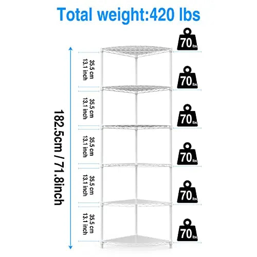 pouseayar 6 Tier NSF Metal Corner Shelf Wire Shelving Unit, 420lbs Capacity, Adjustable, with Leveling Feet and Waterproof Shelf Liners for Garage, Kitchen, and More - 72" H x 18" L x 18" D, White - 💙 Blu Rose's Garden LLC 💙